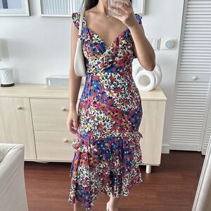 Majorelle Nolita Dress Womens Large Midi Floral Dress Patchwork Revolve Ruffle